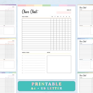 Printable chore chart PDF, Print at home daily chores list, household to do list, daily & weekly, task template checklist