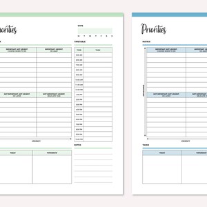 May include: Two printable priority matrix worksheets with a green and blue color scheme. Each worksheet has a section for tasks, importance, urgency, and a timetable. The timetable is divided into 30-minute increments from 5:00 AM to 10:00 PM.