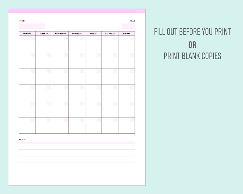 Pink-themed blank monthly calendar template with editable month and year fields, seven-day column layout from Monday to Sunday, notes section, demonstrating fillable PDF format.