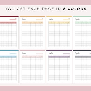 Puede incluir: Ocho p&aacute;ginas imprimibles de una plantilla de lista de suministros en diferentes colores: rojo, naranja, amarillo, verde, azul, morado, rosa y gris. Cada p&aacute;gina tiene la palabra "Suministros" en la parte superior e incluye columnas para el art&iacute;culo, la cantidad, el precio y el total.
