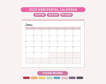 Druckbarer Kalender 2029, Querformat, Wandkalender 2029, Jahreskalender 2029, A4/Letter/Happy Planer, druckbare PDF