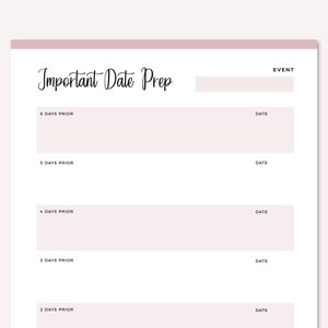 May include: A printable checklist for planning an event. The checklist includes a section for the event name and a section for tasks to be completed 6, 5, 4, 3, and 2 days prior to the event.