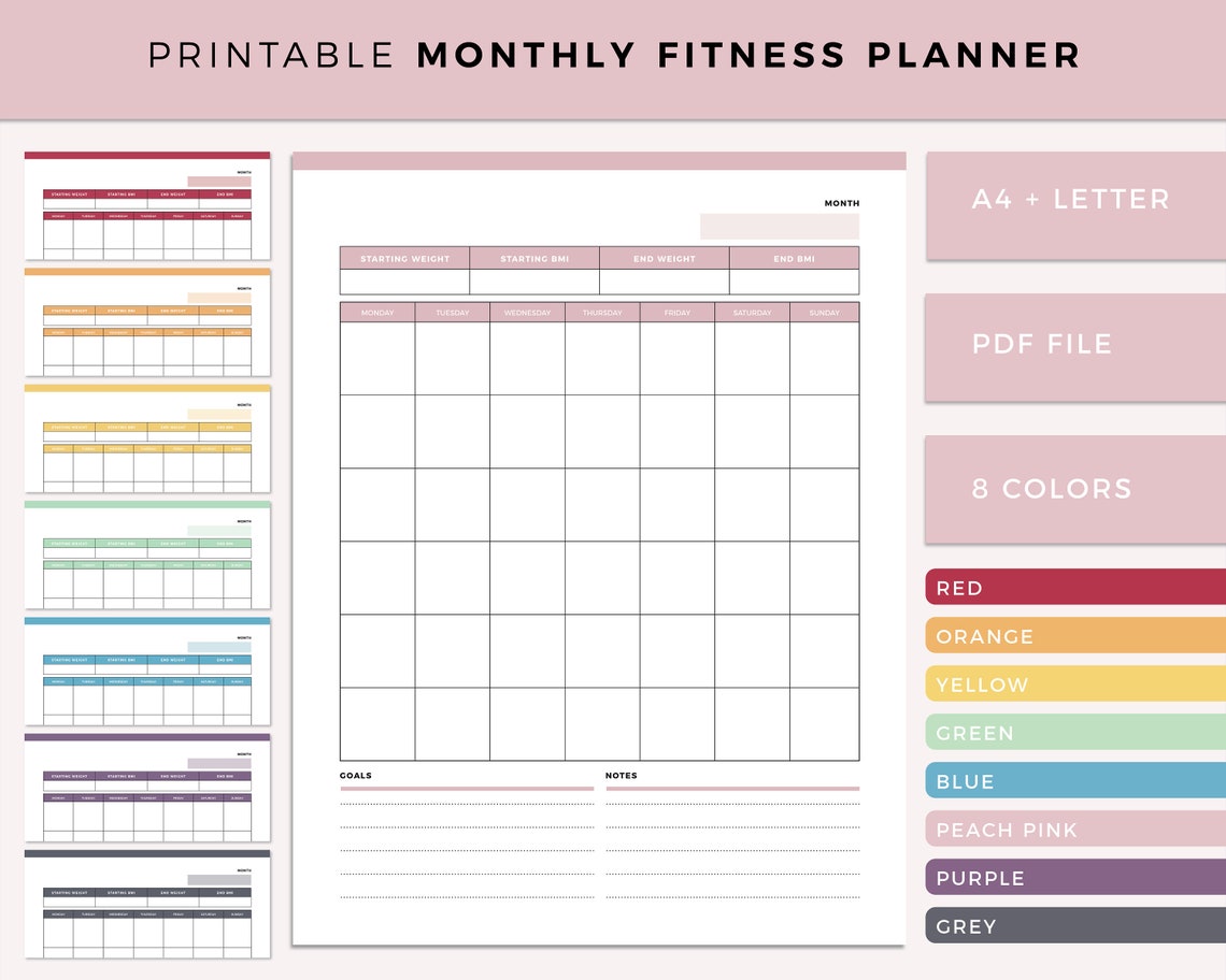 Printable Monthly Fitness Planner Fitness Calendar Exercise Etsy