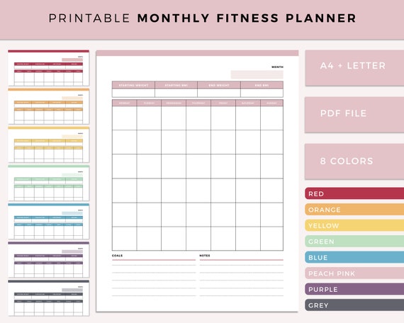 Printable Monthly Fitness Planner Fitness Calendar Exercise - Etsy