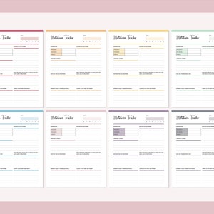 Eight Meltdown Tracker printable pages in different colors—red, orange, yellow, green, blue, pink, purple, and grey—each showing the special needs carer template layout with identical sections for documenting behavioral incidents.