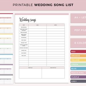 Wedding song list printable, Wedding musing planner, wedding ceremony song planner, wedding dj music planner, wedding playlist sheet