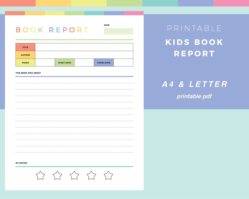 Printable book review template for kids, childrens book report, kids reading journal, kids reading record, book reader, A4 and US Letter image 1