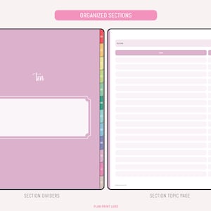 K&ouml;nnte beinhalten: Eine druckbare Planerseite mit rosa Hintergrund und einem Abschnittsteiler mit dem Wort "ten" darauf. Die Seite ist f&uuml;r die Organisation von Abschnitten konzipiert und enth&auml;lt eine Abschnitts-Themenseite mit Spalten f&uuml;r Abschnitt, Thema und Datum.
