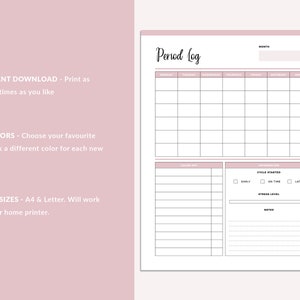 Close up of the pink Period Log page from the printable period tracker, with a Monday to Sunday monthly calendar grid, a Color Key table and an Information panel with cycle started early, on time or late checkboxes, stress level bar and lined notes. Text reads instant download, 8 colors and two sizes A4 and Letter.