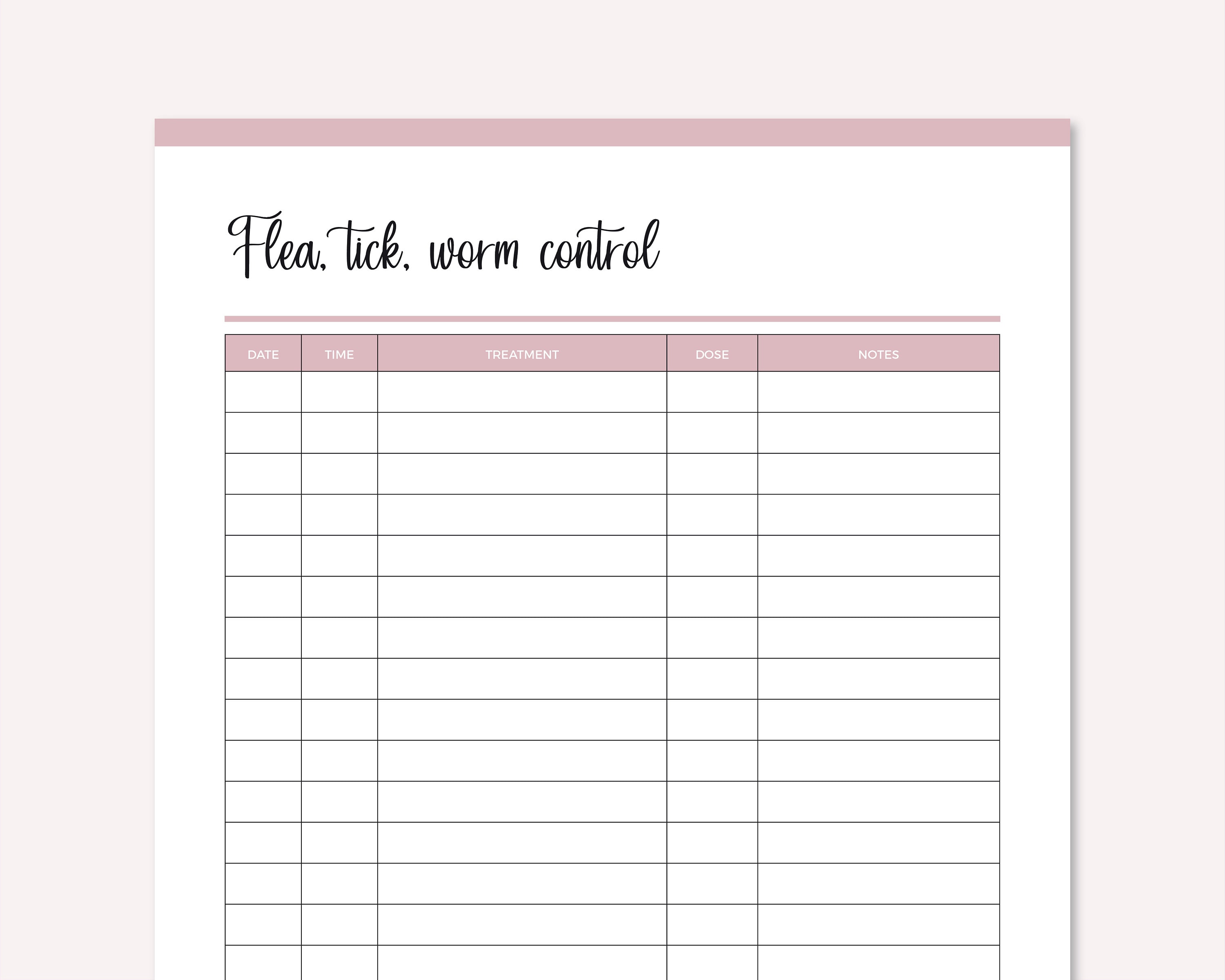 Printable Flea Tick and Worm Control Log Pet Care Health | Etsy