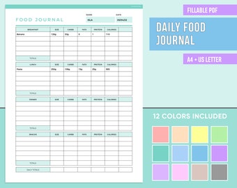 May include: A printable food journal template in a light blue and white color scheme. The template includes sections for breakfast, lunch, dinner, and snacks. It also includes a section for daily totals. The template is labeled "Daily Food Journal" and includes the text "A4 + US Letter" and "12 Colors Included".