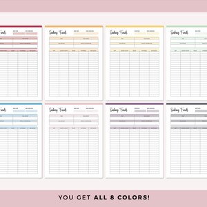 May include: Eight printable sinking fund trackers in different colors: red, yellow, green, blue, pink, purple, gray, and light blue. Each tracker has columns for date, category, amount, and notes.