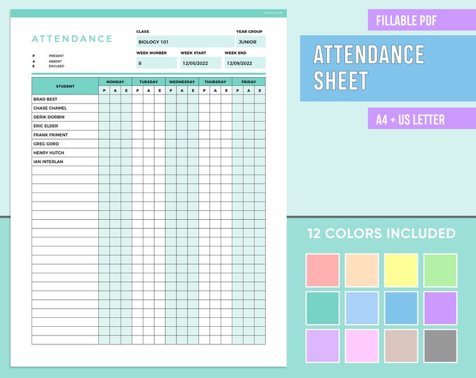 Editable Attendance Record: Printable Classroom Tracker (digital ...