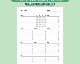 Wöchentliche Checkliste zur Selbstfürsorge zum Ausdrucken, Wellness-Tracker-Vorlage, Selbstfürsorgeplaner, ausfüllbares PDF, A4/Letter/PS