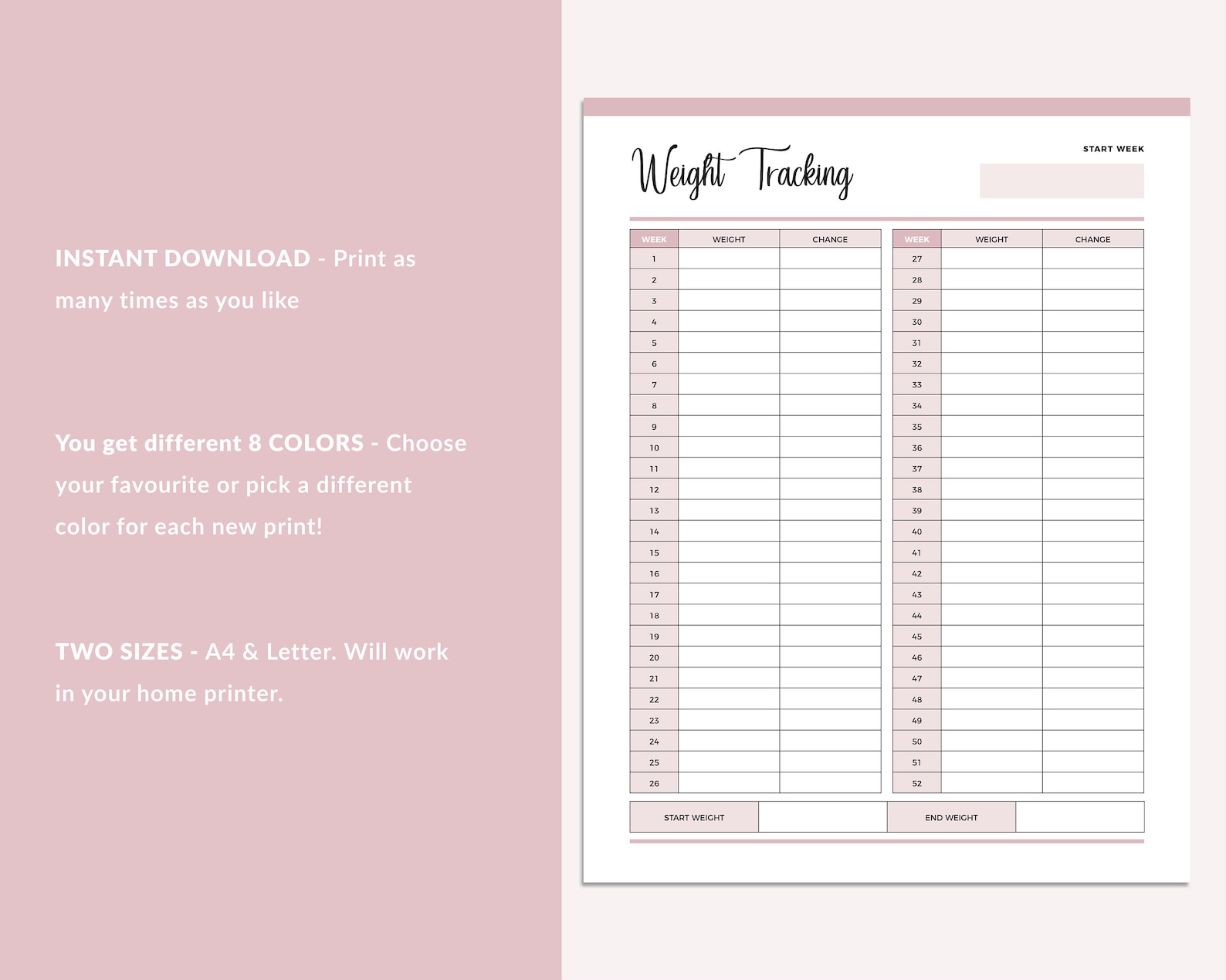 Printable Weekly Weight Loss Tracker, Weight Loss Log, Fitness Planner