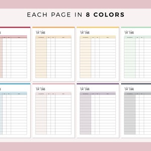 May include: Eight printable pages of a vet visit log, each page in a different color: burgundy, yellow, light green, light blue, pink, purple, gray, and dark gray. Each page has the title "Vet Visits" and columns for date, time, reason, and notes.