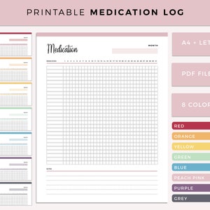 Puede incluir: Plantilla de registro de medicamentos imprimible en 8 colores: rojo, naranja, amarillo, verde, azul, rosa melocotón, morado y gris. La plantilla incluye una sección para el nombre del medicamento, la dosis y una cuadrícula para realizar un seguimiento de la ingesta diaria de medicamentos. También incluye una sección de notas para información adicional.