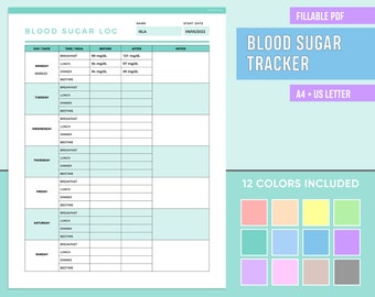 May include: A fillable PDF blood sugar tracker with a light blue and white design. The document includes sections for logging blood sugar levels before and after meals, with space for notes. Text on the document includes "BLOOD SUGAR LOG" and "BLOOD SUGAR TRACKER".