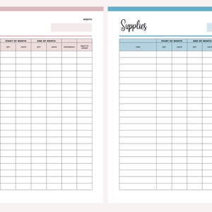 Puede incluir: Un rastreador de inventario imprimible con dos columnas, una en rosa y otra en azul. Cada columna tiene una tabla con encabezados para "Inicio del mes", "Fin del mes", "Art&iacute;culo", "Cant.", "Unidades", "Diferencia" y "Necesidad de pedido".