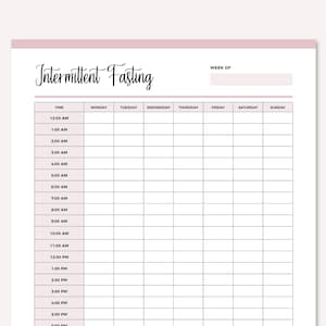 May include: A printable intermittent fasting tracker with a blank space for the week of the month. The tracker has a column for each day of the week and rows for each hour of the day, from 12:00 AM to 5:00 PM.