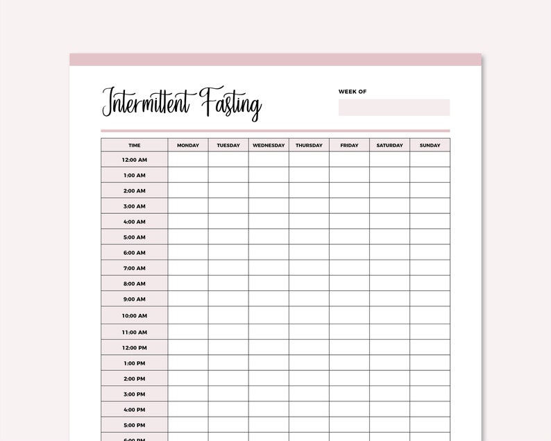 May include: A printable intermittent fasting tracker with a blank space for the week of the month. The tracker has a column for each day of the week and rows for each hour of the day, from 12:00 AM to 5:00 PM.