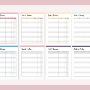 May include: Printable checklist for keeping track of books to purchase. The checklist has six different color options: burgundy, yellow, green, blue, pink, and gray.