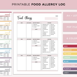 May include: Printable food allergy log template in 8 colors: red, orange, yellow, green, blue, peach pink, purple, and grey. The template includes sections for food, date eaten, reaction timeline, and symptoms.