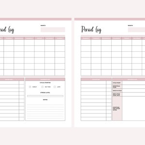 Two pink Period Log pages of the printable period tracker side by side. Both have monthly calendar grids and colour key tables; one has cycle started checkboxes, stress level bar and notes, the other has cycle start, menstrual flow, days in cycle, next cycle start date and a symptoms and other notes box.