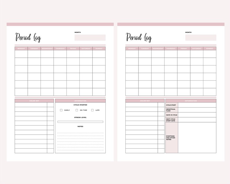 Two pink Period Log pages of the printable period tracker side by side. Both have monthly calendar grids and colour key tables; one has cycle started checkboxes, stress level bar and notes, the other has cycle start, menstrual flow, days in cycle, next cycle start date and a symptoms and other notes box.
