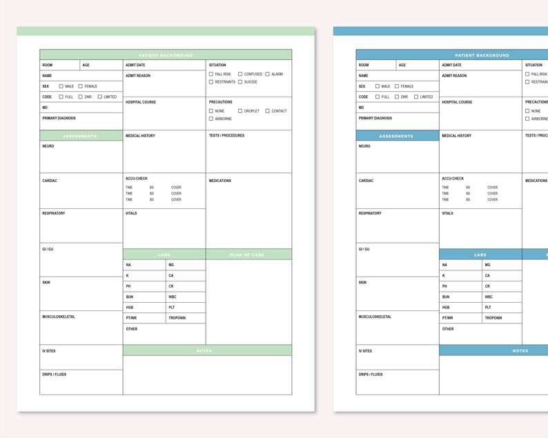 Green and blue nurse brain sheets side by side with vitals, labs, medications and plan of care sections