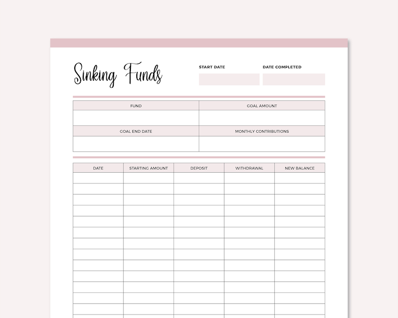 May include: A printable sinking fund tracker with sections for fund name, goal end date, goal amount, monthly contributions, date, starting amount, deposit, withdrawal, and new balance.