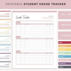 Printable grade tracker, homeschool gradebook, student grading sheet and organizer, track your college and university grades in your planner