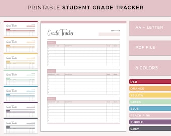 Printable grade tracker, homeschool gradebook, student grading sheet and organizer, track your college and university grades in your planner