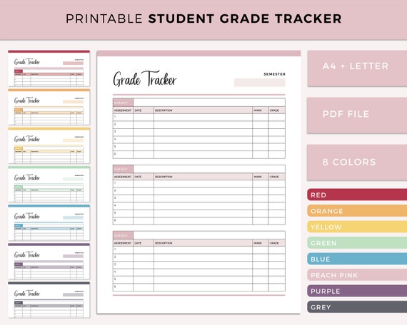 Printable grade tracker homeschool gradebook student grading etsy 
