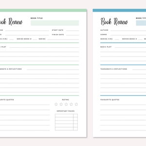 Two side-by-side book review template pages in green and blue showing the complete form layout with all fields for documenting book information, plot summaries, personal reflections, and ratings.