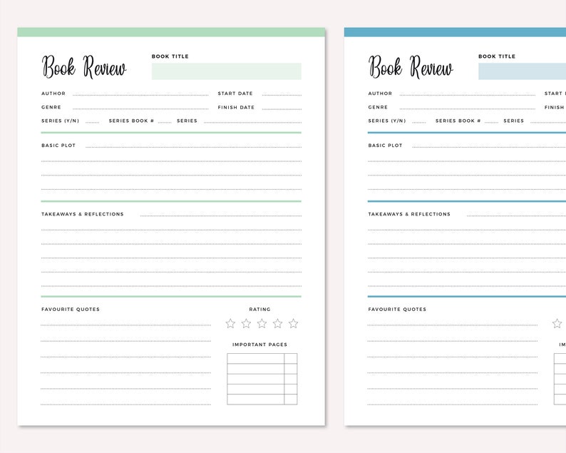 Two side-by-side book review template pages in green and blue showing the complete form layout with all fields for documenting book information, plot summaries, personal reflections, and ratings.