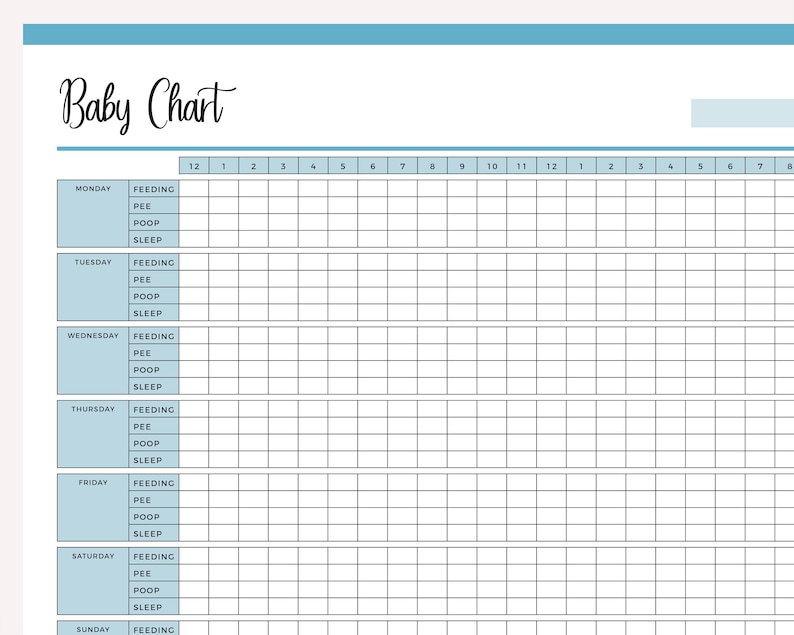 May include: A black and white printable baby chart with the title "Baby Chart" at the top. The chart is divided into days of the week, with columns for feeding, pee, poop, and sleep. Each day has 24 hourly slots.