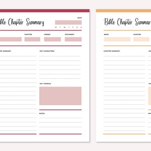 Two-page spread showing Bible study sheets in red and orange with header bars, displaying the chapter summary format with date field, book/chapter/verses/testament inputs, and multiple lined sections for scripture analysis and note-taking.