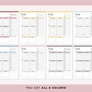 May include: Eight printable priority planner pages in different colors: red, yellow, green, blue, pink, purple, gray, and light blue. Each page has a section for "Today's Top 3", "Most Important Goals", and a "Notes" section.