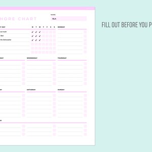 May include: A printable chore chart with a pink and white color scheme. The chart is divided into sections for "Every Day", "Monday", "Tuesday", "Wednesday", "Thursday", "Friday", "Saturday", "Sunday", and "Other". There are checkboxes for each day of the week and a space for a name at the top.