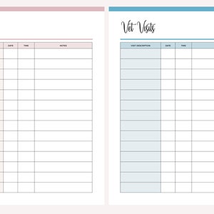 May include: A printable veterinary visit log with two columns. The left column is light pink and the right column is light blue. Each column has headings for Visit Description, Date, Time, and Notes.