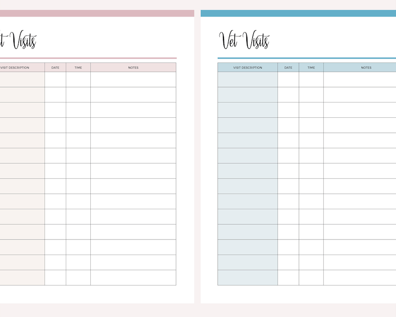 May include: A printable veterinary visit log with two columns. The left column is light pink and the right column is light blue. Each column has headings for Visit Description, Date, Time, and Notes.