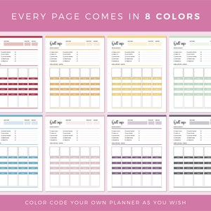 May include: Eight different colour variations of a printable planner page with the text "Quilt Info" at the top. The page includes sections for quilt details, fabric requirements, and a grid for tracking progress.