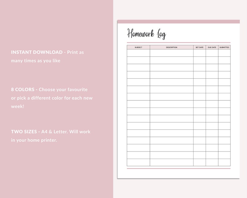 Printable Homework Log, Print at Home Homework Checklist, Homework ...