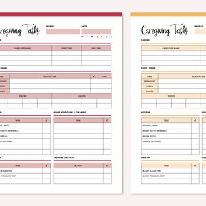 May include: A printable caregiving tasks checklist with sections for food and drink, hygiene, house hold tasks, exercise and activity, and health. The checklist includes columns for date, carer name, start time, end time, task, description, and time.