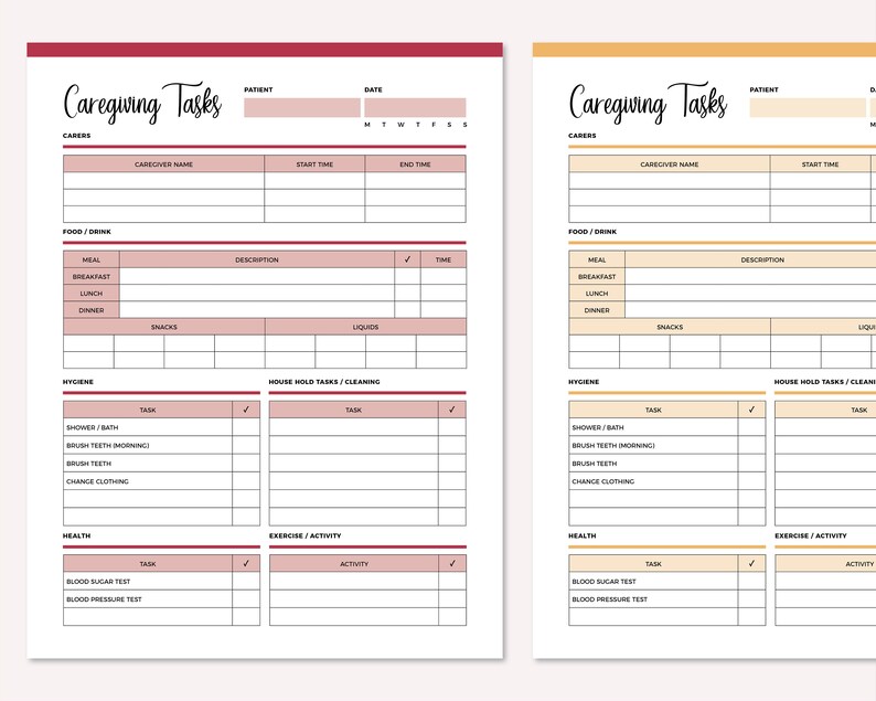 May include: A printable caregiving tasks checklist with sections for food and drink, hygiene, house hold tasks, exercise and activity, and health. The checklist includes columns for date, carer name, start time, end time, task, description, and time.