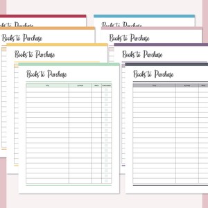 May include: A set of printable book trackers with different colored borders. Each tracker has columns for title, author, price, and purchased. The text "Books to Purchase" is at the top of each tracker.