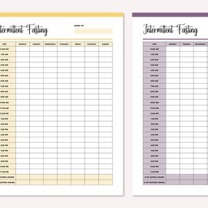 May include: Two printable intermittent fasting trackers. The left tracker has a yellow background and the right tracker has a purple background. Both trackers have a column for each day of the week and a row for each hour of the day. The trackers also have a section for recording the number of eating hours and the number of fasting hours.