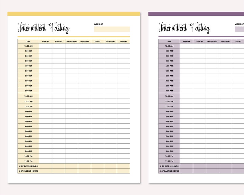 May include: Two printable intermittent fasting trackers. The left tracker has a yellow background and the right tracker has a purple background. Both trackers have a column for each day of the week and a row for each hour of the day. The trackers also have a section for recording the number of eating hours and the number of fasting hours.