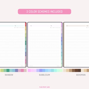 K&ouml;nnte beinhalten: Drei verschiedene Farbschemata f&uuml;r einen Planer mit einer linierten Seite und einer Seitenspalte f&uuml;r Notizen. Die Farbschemata sind Regenbogen, Kaugummi und Boh&egrave;me.